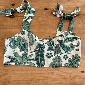 Cider green white paisley floral smocked  bralette Swim crop top coconut girl M